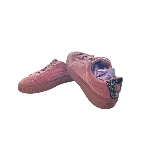 Puma Pink Suede Lace-Up Platform Sneakers With Glitter Heel Accent Size 8.5 - Picture 1 of 9